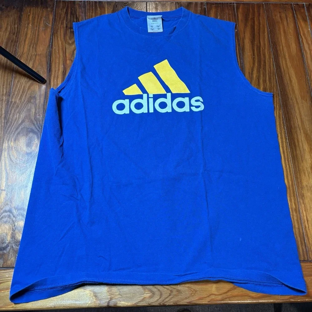 Adidas Blue Yellow Logo Sleeveless T-Shirt Tank Top Vtg XL Made In The USA A3291